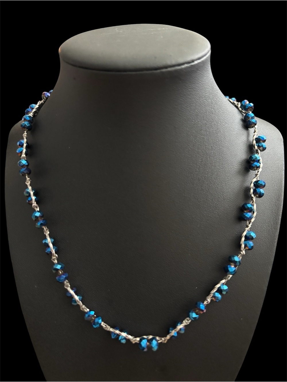 Blue Crystal Bead Necklace with Silver-Tone Twisted Chain